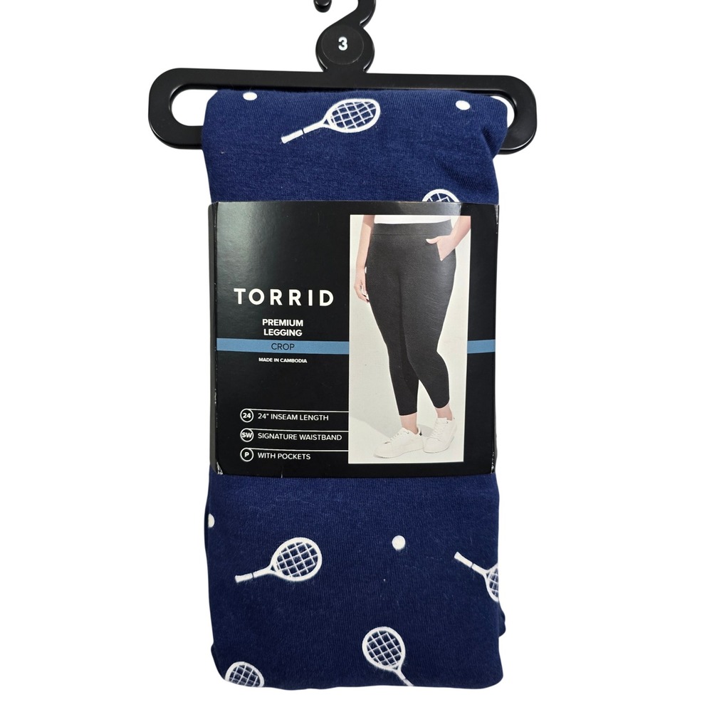 Torrid Premium Legging Women 3 Blue Tennis Racket Print Crop Pocket High Rise